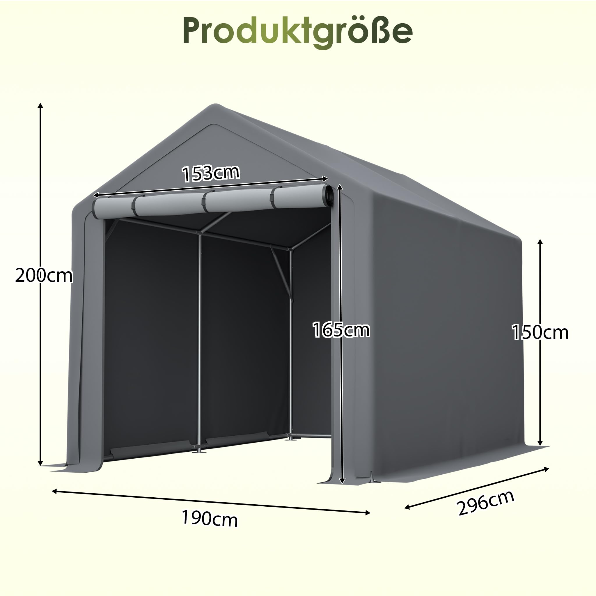 Garaż rowerowy 296 x 190 x 200 cm, odporny na warunki atmosferyczne, wiata, namiot z ochroną przed promieniowaniem UV i roletami, stalowa konstrukcja ramy, na 1-4 rowery, taras, motocykl, garaż, domek
