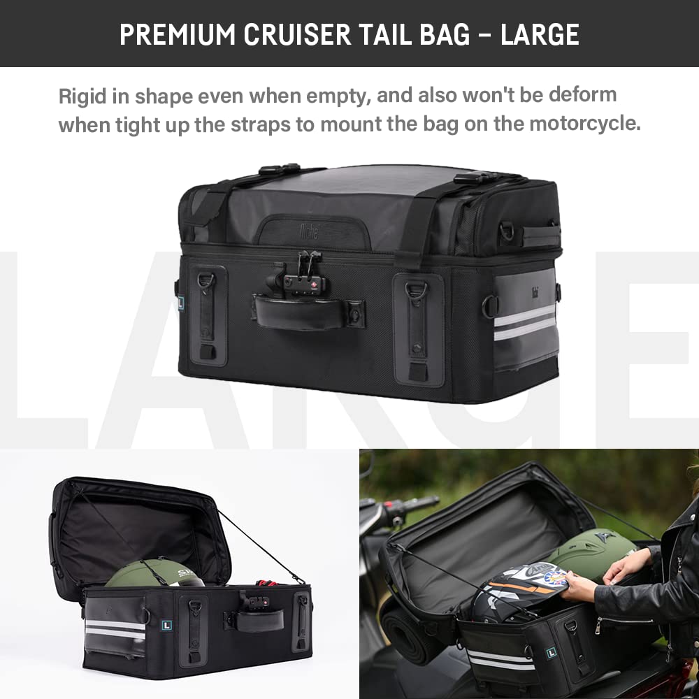 Niche Cruiser Motorcycle Tail Bag, 59L Rear Seat Bag with TSA Number Lock, High-Capacity Luggage for Travel, Helmet & Gear Bag with Waterproof Rain Cover - Universal Fit (NMO-2307)