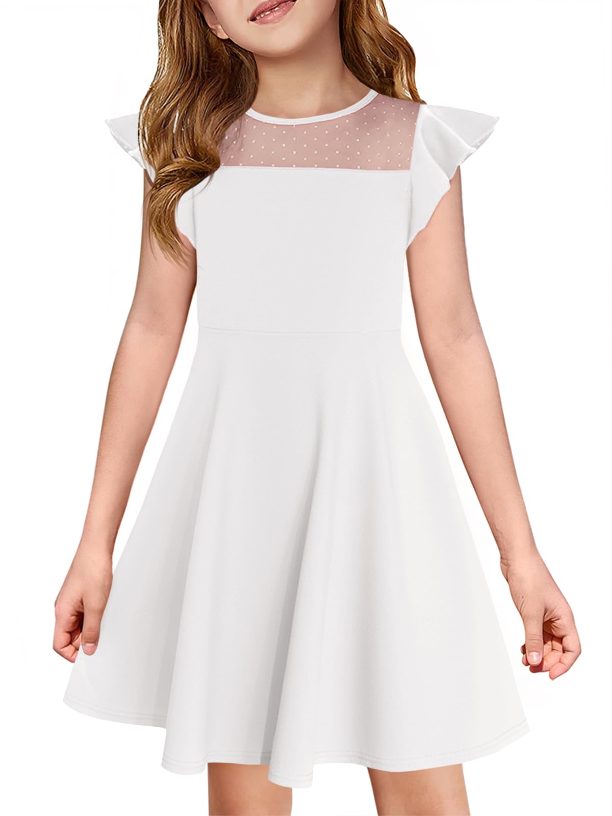 Haloumoning Girls Dress Summer Ruffle Sleeve Mesh A Line Casual Party Dresses with Pockets for Kids 4-14 Years