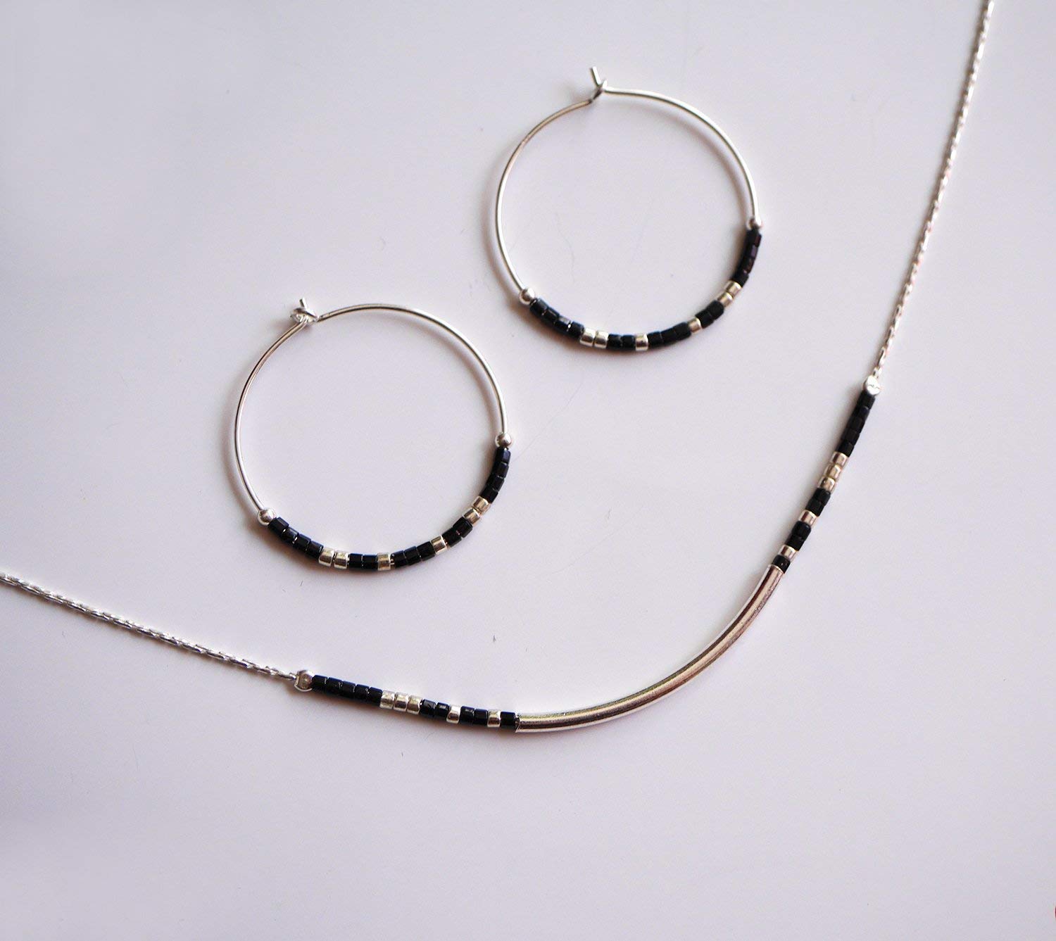 Collier fin choker perles miyuki noires - chaine serpent argent massif 925 - Collier perles noires - collier minimaliste discret élégant