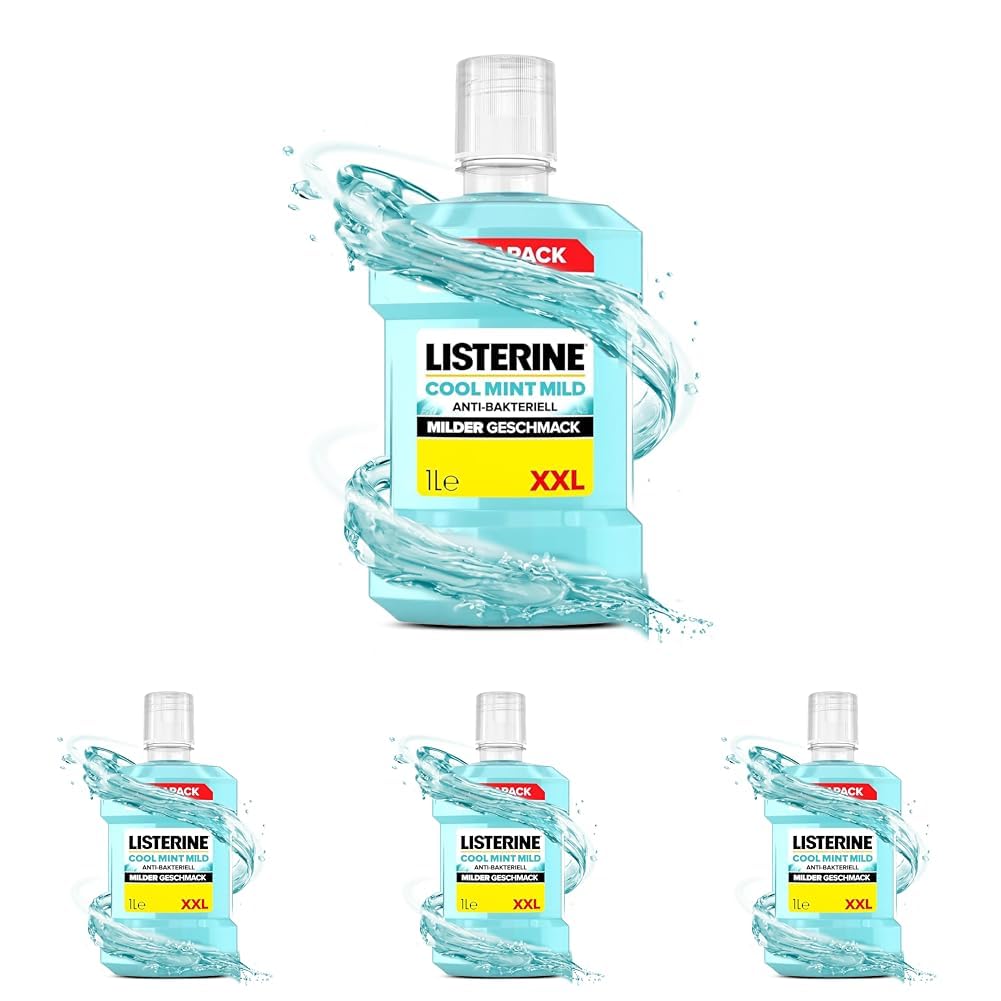 LISTERINE Cool Mint Mild 1000ml, antibakterielle Mundspülung ohne Alkohol mit mildem Geschmack, für ein langanhaltendes Frischegefühl, Mundwasser (Packung mit 4)
