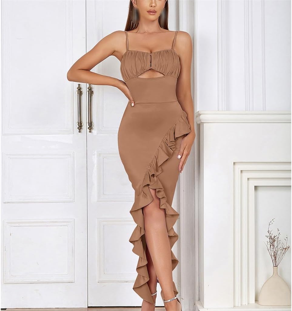 JSEIAJB Halter Sheath Pleated Ruffle Irregular Long Dresses