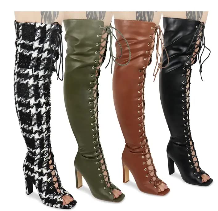 Liliana Women's Peep Toe Lace-Up Chunky Heel Over The Knee Boot4