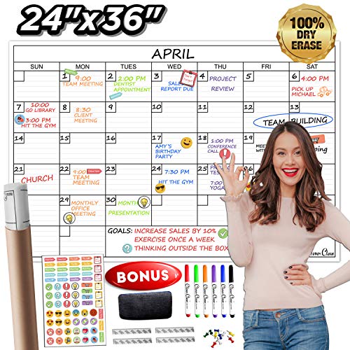 Large Reusable Dry Erase Wall Calendar - 24"x36" Undated Monthly Planner for Home