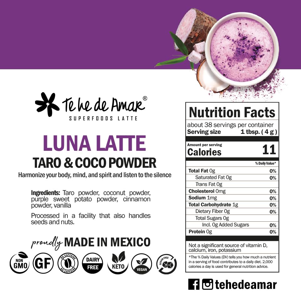 Miniatura 6 de LUNA LATTE TARO & COCO  TE HE DE AMAR. Peso neto 5.3 oz (150g) 38 tazas. Taro, Coco, Batata Morada, Canela, Vainilla. 100% natural, puro, en polvo,