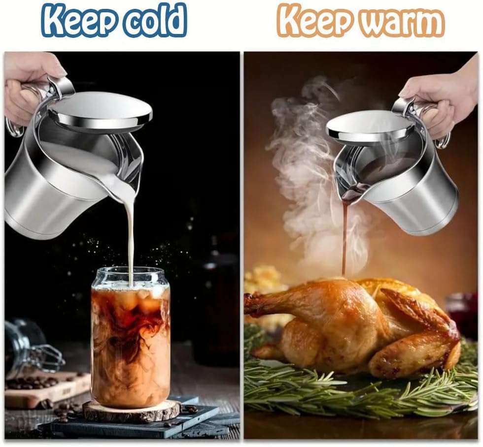 Gravy boat Stainless Steel Insulated Jug with Hinged Lid Ideal for Gravy or Cream at Thanksgiving, Stainless Steel Gravy Boat Sauce (450ML) (silver)
