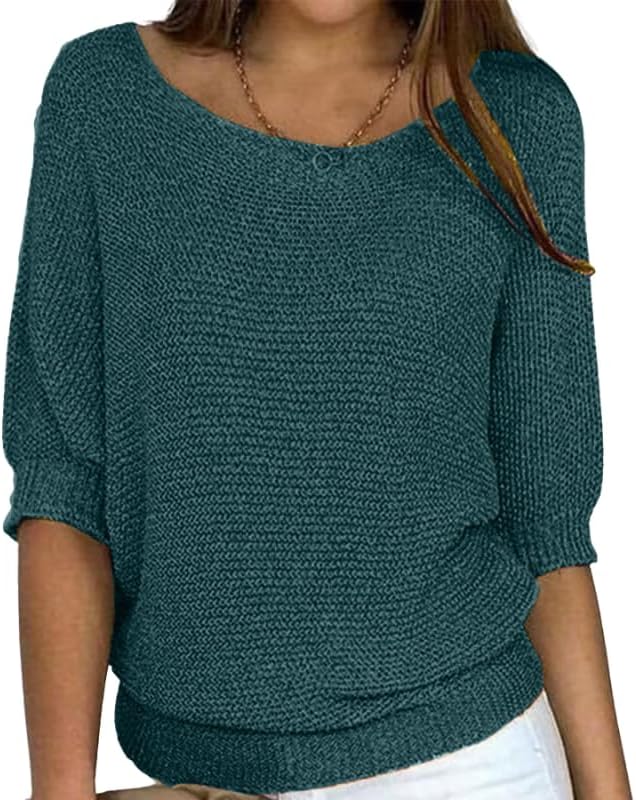 HOTYD Womens Sweaters Casual Fall 2025 Crewneck 3/4 Sleeve Solid Color Lightweight Knit Pullover Sweater Tops