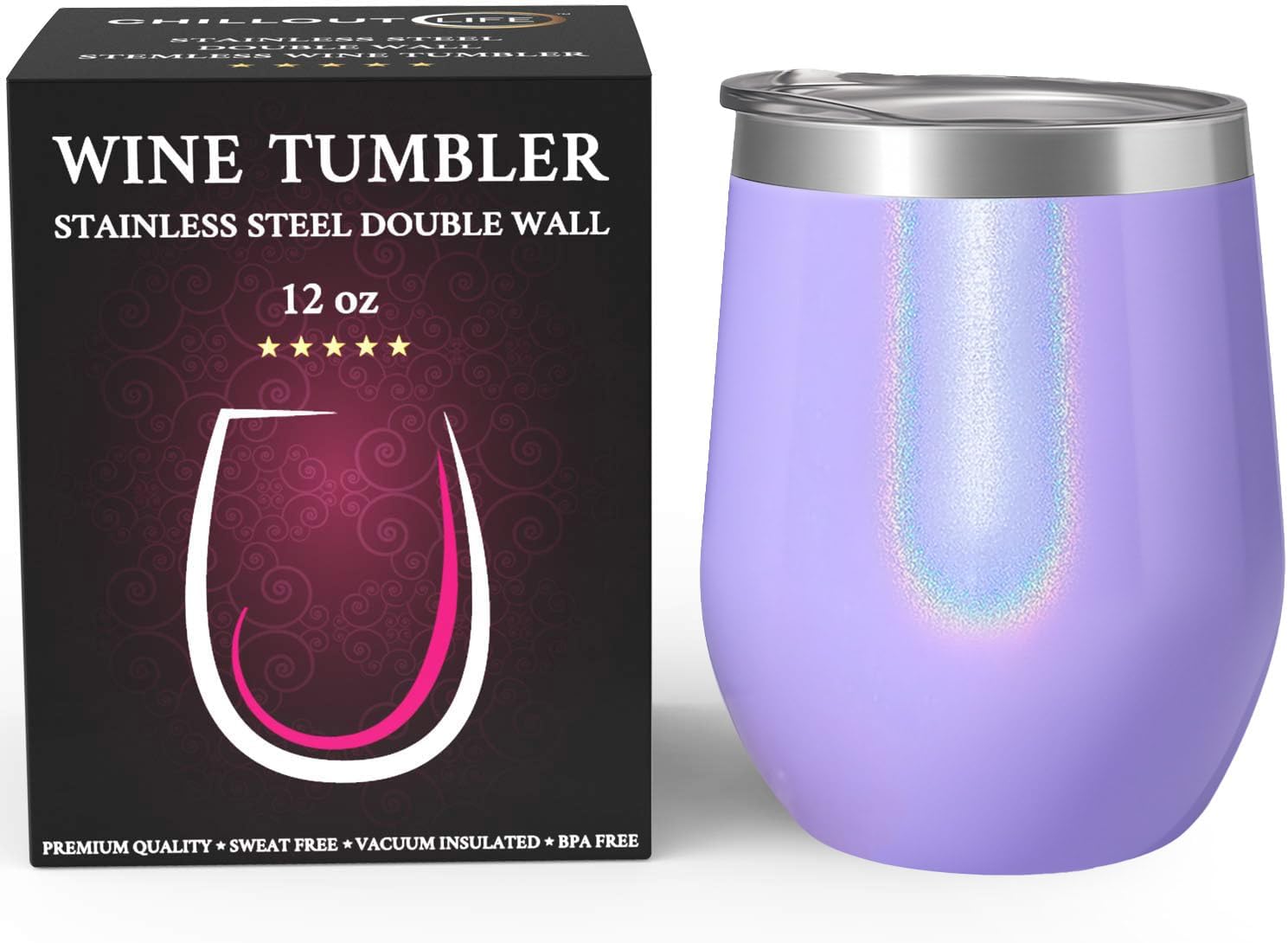 CHILLOUT LIFE 12 oz Stainless Steel Wine Tumbler with Lid - Double Wall Vacuum Insulated Wine Cup Glass Keeping Cold & Hot for Coffee, Champagne, Cocktails, Ice Cream - Purple Sparkle - Image 2