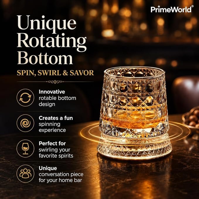 Image of PrimeWorld Diamond Dancing Whiskey Glasses - Set of 6 | 300ml 360 Rotating & Spinning Old Fashioned Tumblers | Diamond Cut Crystal Clear Bar Glasses for Whiskey, Bourbon, Scotch, Brandy & Cocktails