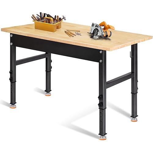 48" Adjustable Work Bench, Rubber Wood Top Workbench Heavy-Duty Work Table, 2000 LBS Load Capacity Hardwood Work Benches for Garage, Workshop, Home, Office, Easy Assembly
