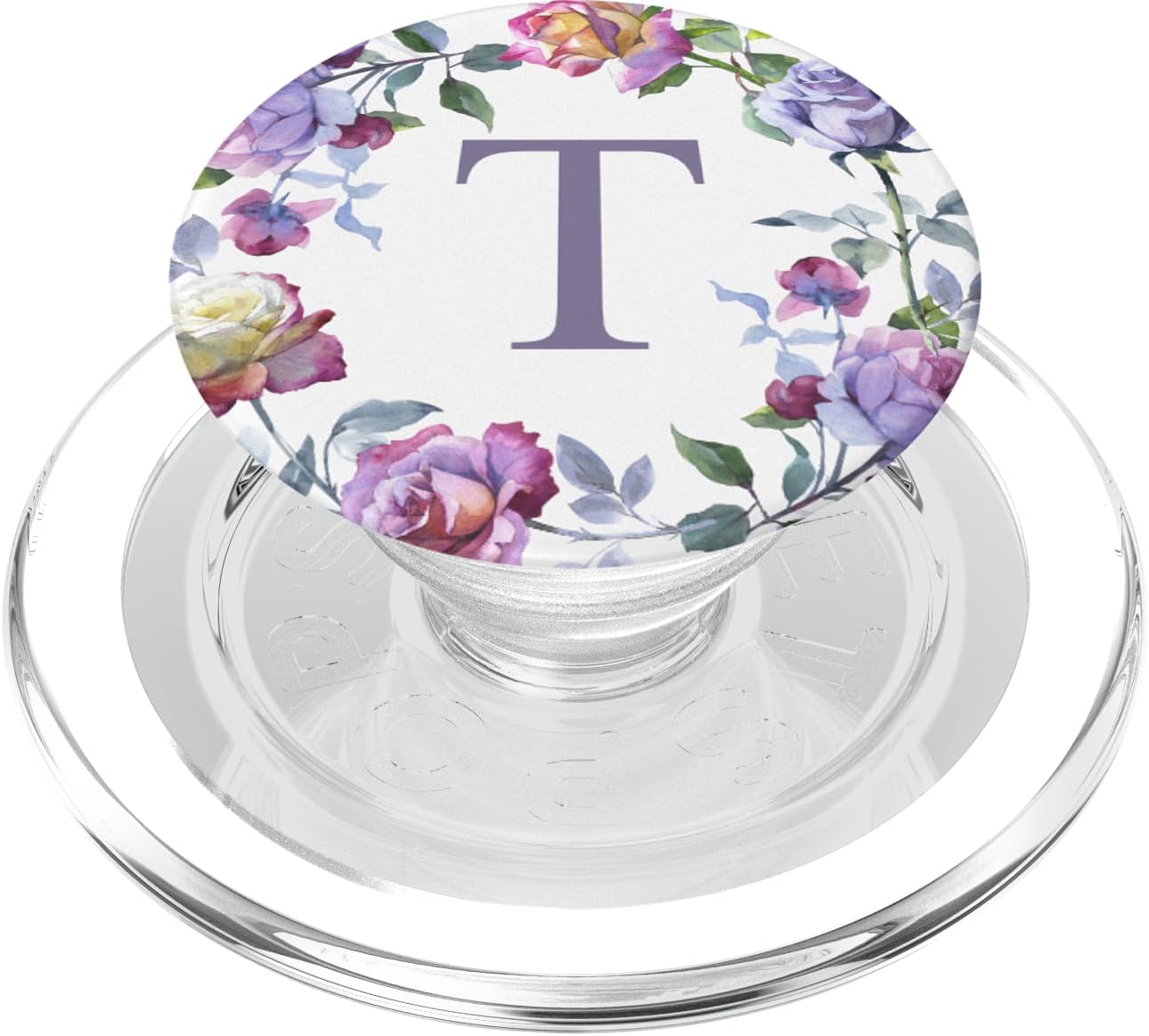 Purple and White Rose Letter T Monogram Floral Initial PopSockets MagSafe PopGrip for iPhone