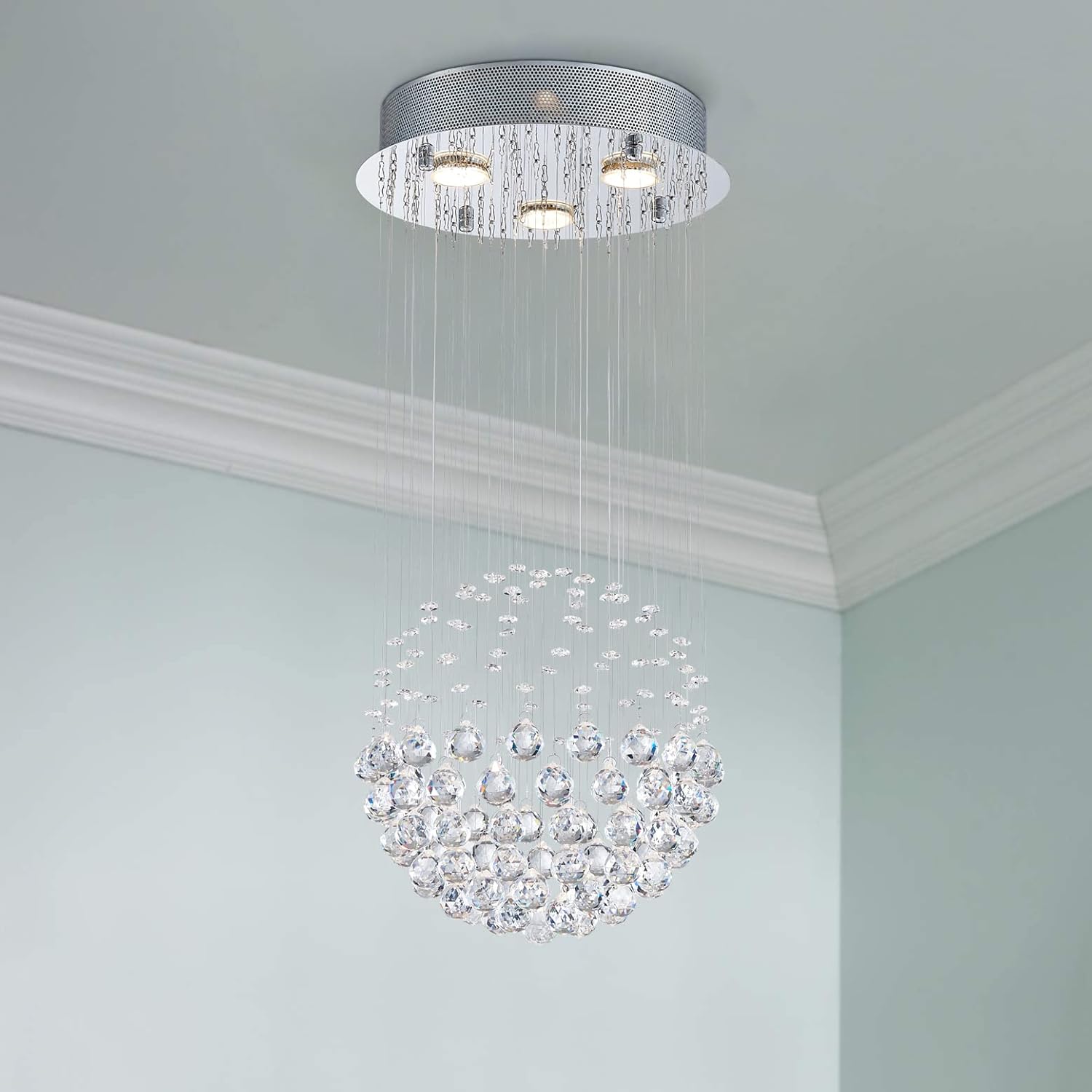 Bestier Modern Crystal Round Raindrop Chandelier Lighting Flush Mount LED Ceiling Light Fixture Pendant Lamp for Diningroom Bathroom Bedroom 3 GU10 Bulbs Required 12.6 in Wide 25.6 inch High