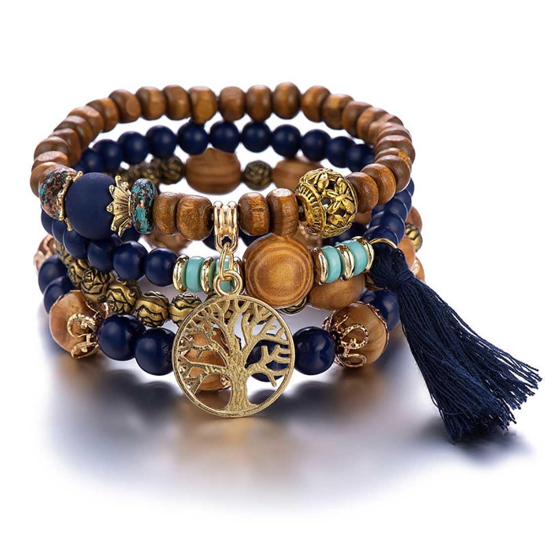 CubahopMultilayer Tassel Wooden Bead Stackable Colorful Bracelet Fantasy Wristbands Tree Of Life Colorful Elastic Hand Accessories for Women and Girls (Blue)