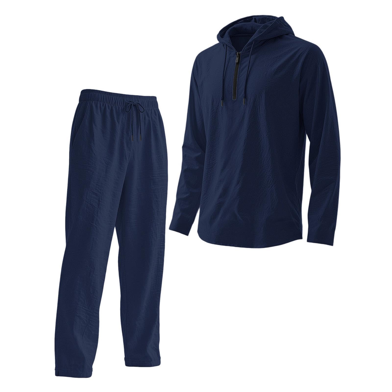Generisch 2026 - Tuta da uomo casual in lino con chiusura lampo, pantaloni in tinta unita, larghi, taglia grande, set da 2 pezzi