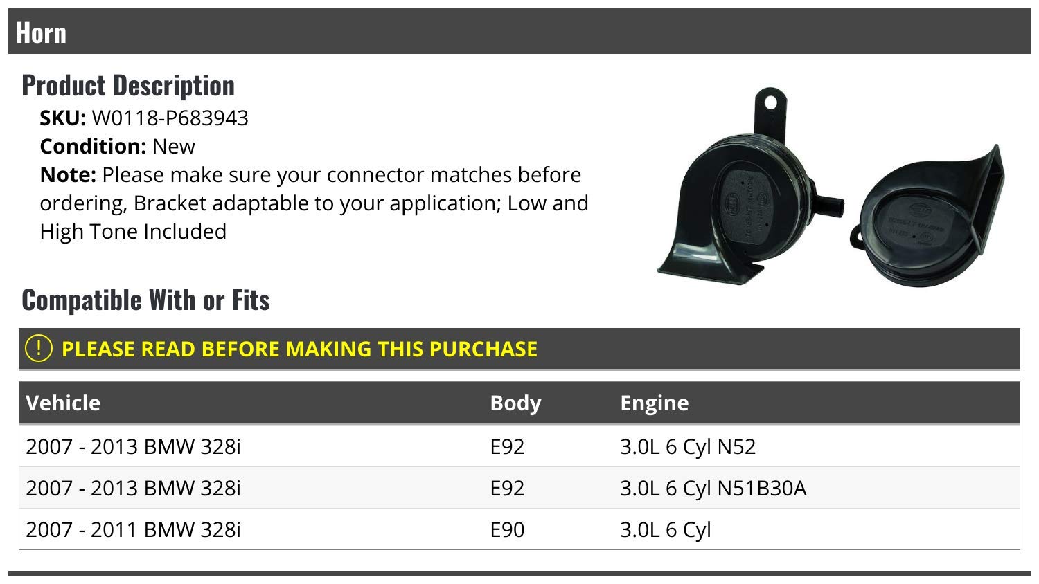 Marketplace Auto Parts Horn - Low and High Tone - Compatible with 2007-2013 BMW 328i
