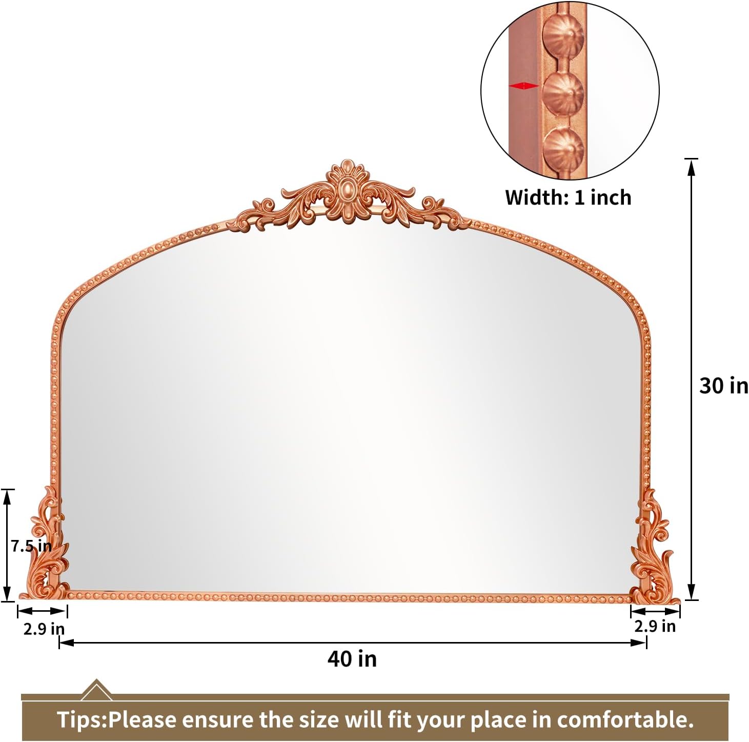 Growsun Arched Mirror, 40’’x30’’ Antique Baroque Traditional Ornate Wall Mirror Decor with Full Metal Frame for Fireplace/Entryway/Living Room/Bathroom