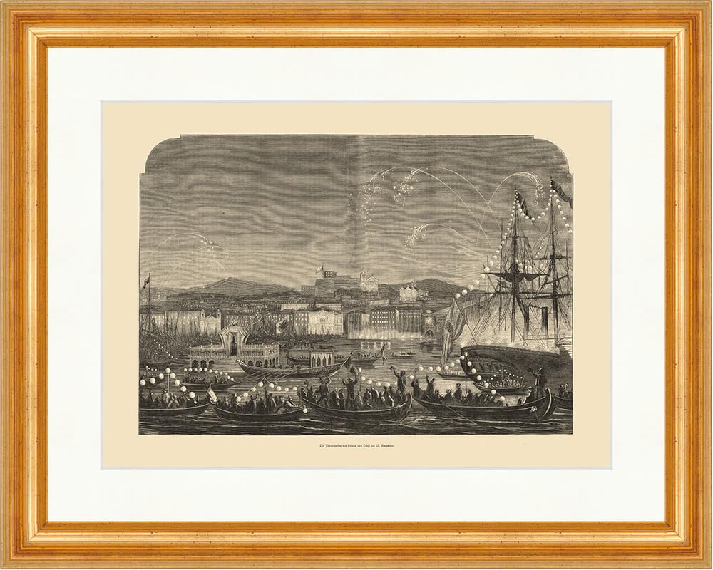 Biller Antik Illumination Harbour Trieste 23 November K&K Wood Engraving Imperial Journey 0003 Framed