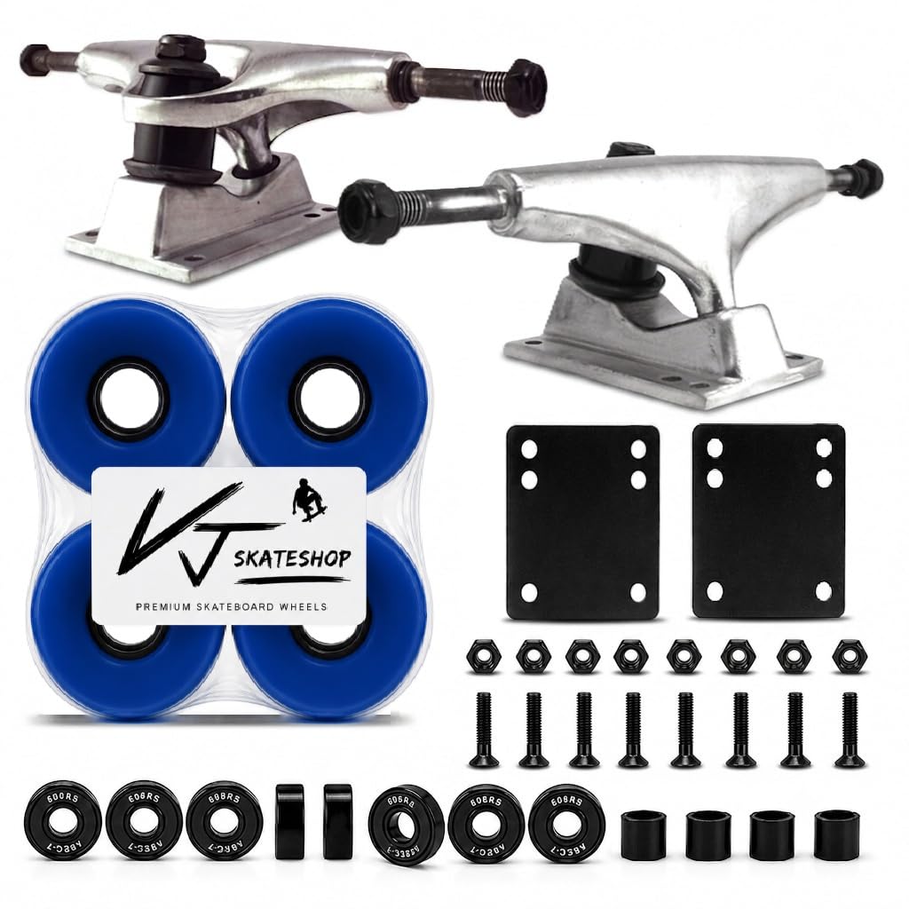 Skateboard Truck and Wheel, 5.0 Skateboard Trucks (Silver) w/Skateboard Crusier Wheel 60mm, Skateboard Bearings, Skateboard Screws, Skateboard Riser Pads (Blue) โ image 1