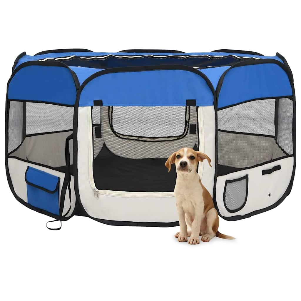 Parque plegable para perros, 125 x 125 x 61 cm, con bolsa de transporte, jaula de entrenamiento y juego de acero resistente, techo y puerta de red con cremallera, bolsillos laterales para juguetes