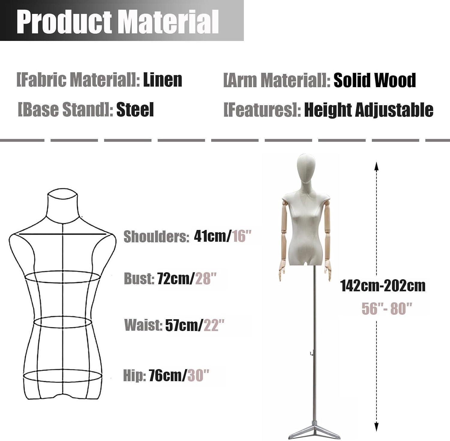 Adjustable Female Dress Form Mannequin with Head & Wooden Arms - 56-80 Inch Clothing Display Stand for Sewing, Tailoring, Jewelry Showcase, Crafting & Fitting