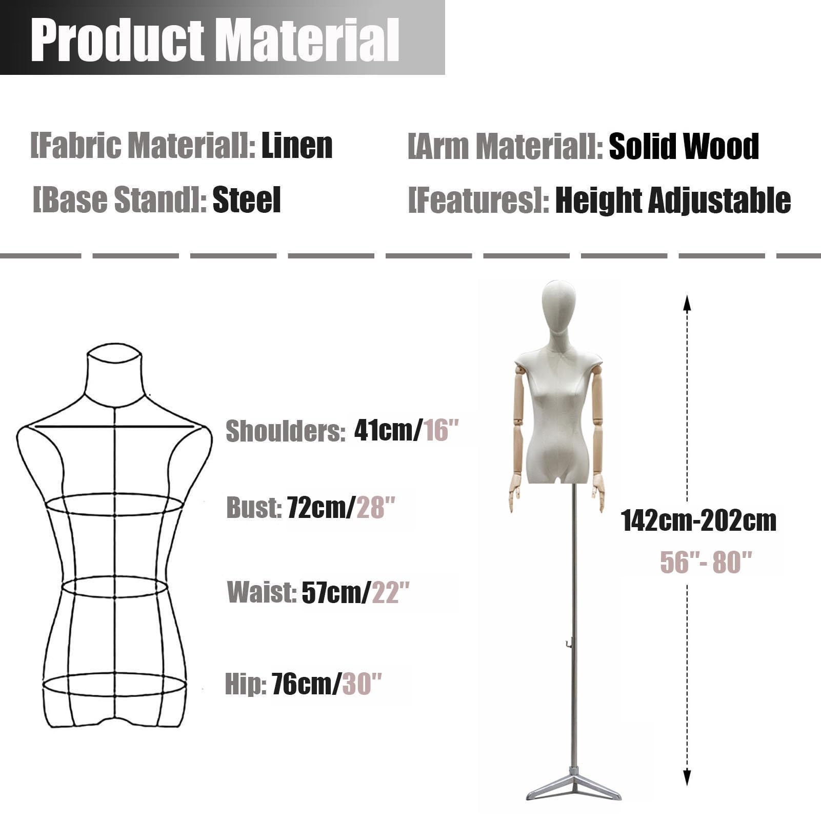 Verstellbarer weiblicher Mannequin-Torso mit Kopf und Holzarmen – Perfekte Schneiderpuppe zum Nähen, für die Präsentation von Kleidung und Schmuck – Ideal für Schneider, Designer und Modebegeisterte