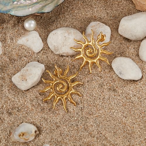 Gold Sun Stud Earrings for Women Radiant Sunburst Spiral Design, Lightweight Boho Chic Jewelry4