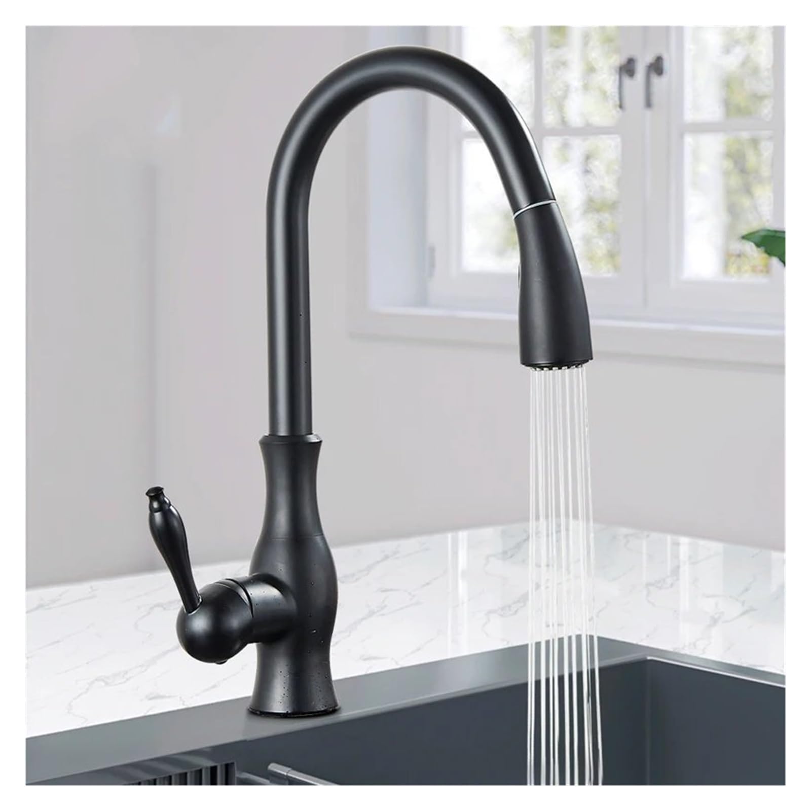 Czarna bateria kuchenna, wysuwana bateria zlewozmywakowa, jednouchwytowa bateria do montażu na blacie roboczym, obracana o 360°, armatura umywalkowa
