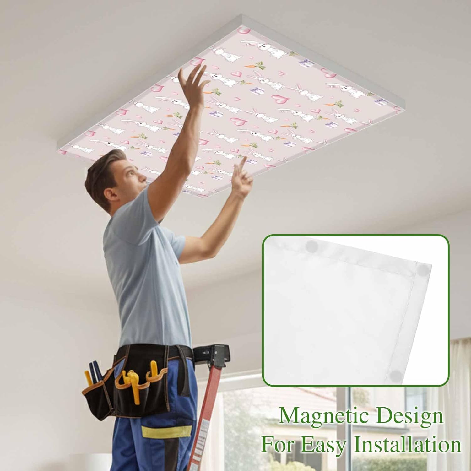 Easter Bunny Fluorescent Light Covers for Ceiling Lights 4x2 feet,4 Pack Magnetic Light Filters for Classroom,Spring Carrots Cute Rabbit Pink Love Heart Gifts Fluorescent Lamp Shade Panel for Office