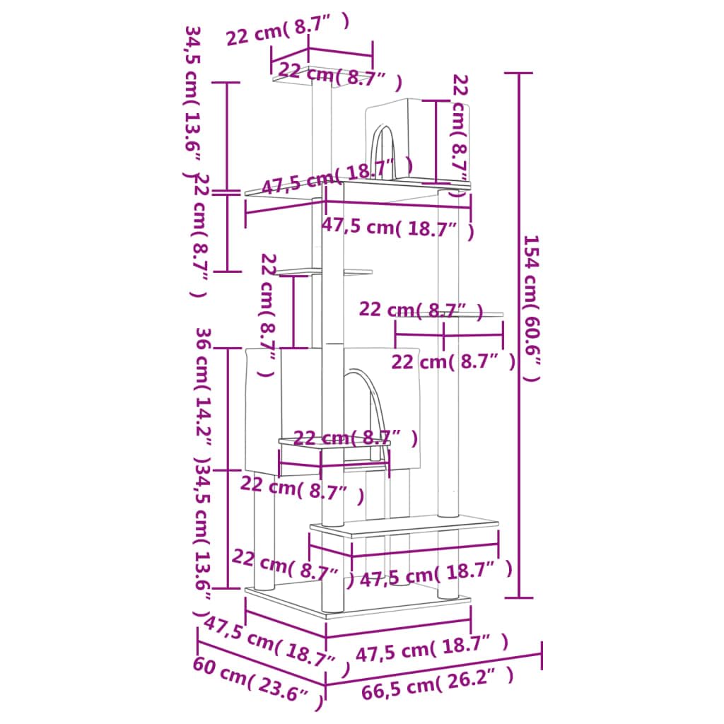 Kratzbaum 154cm Katzenturm mit 2 Häusern Sisal Hellgrau | Vielseitiges Katzenmöbel für Wohnzimmer und Flur mit weichem Plüschbezug und robusten Sisalstämmen zum Klettern.