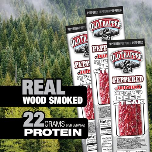 Image of Old Trapper Kippered Steak, Peppered Flavor, Two-Ounce Individually Wrapped Packages, Spicy Meat Snack for Between Meal Bites, 22 Grams of Protein per Serving (Pack of 12)