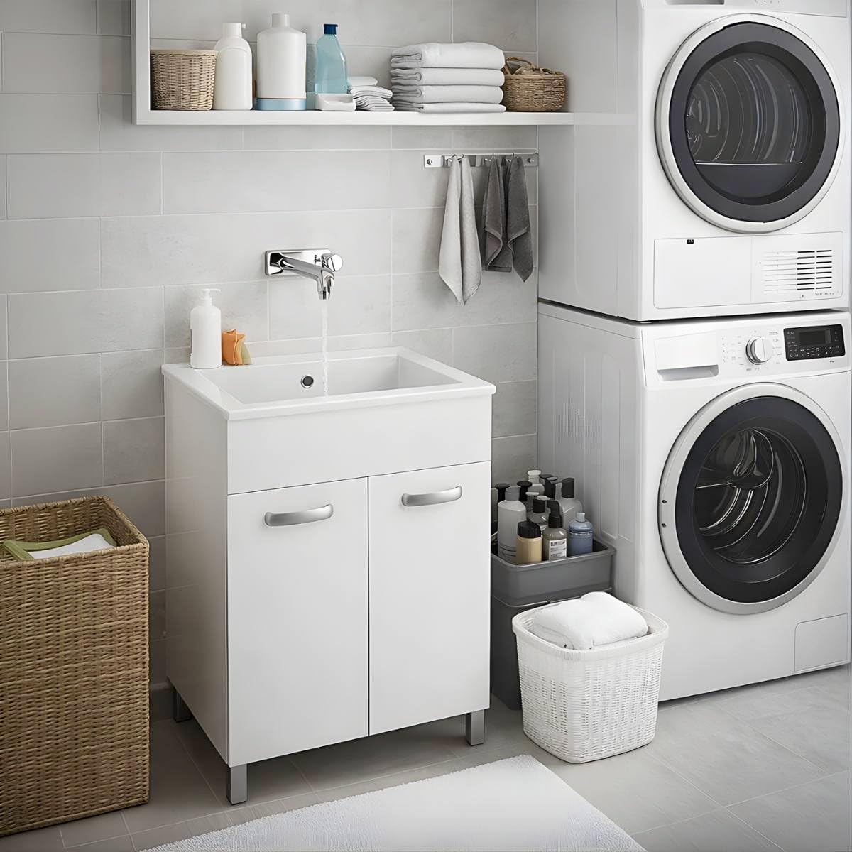 Ceramcia Tuscia Mobile LAVATOIO Ceramica 60 x 51 x H 88 YORK Design Bianco Antigraffio con Vasca Profonda 25,5 cm (NO Foro Rubinetto)