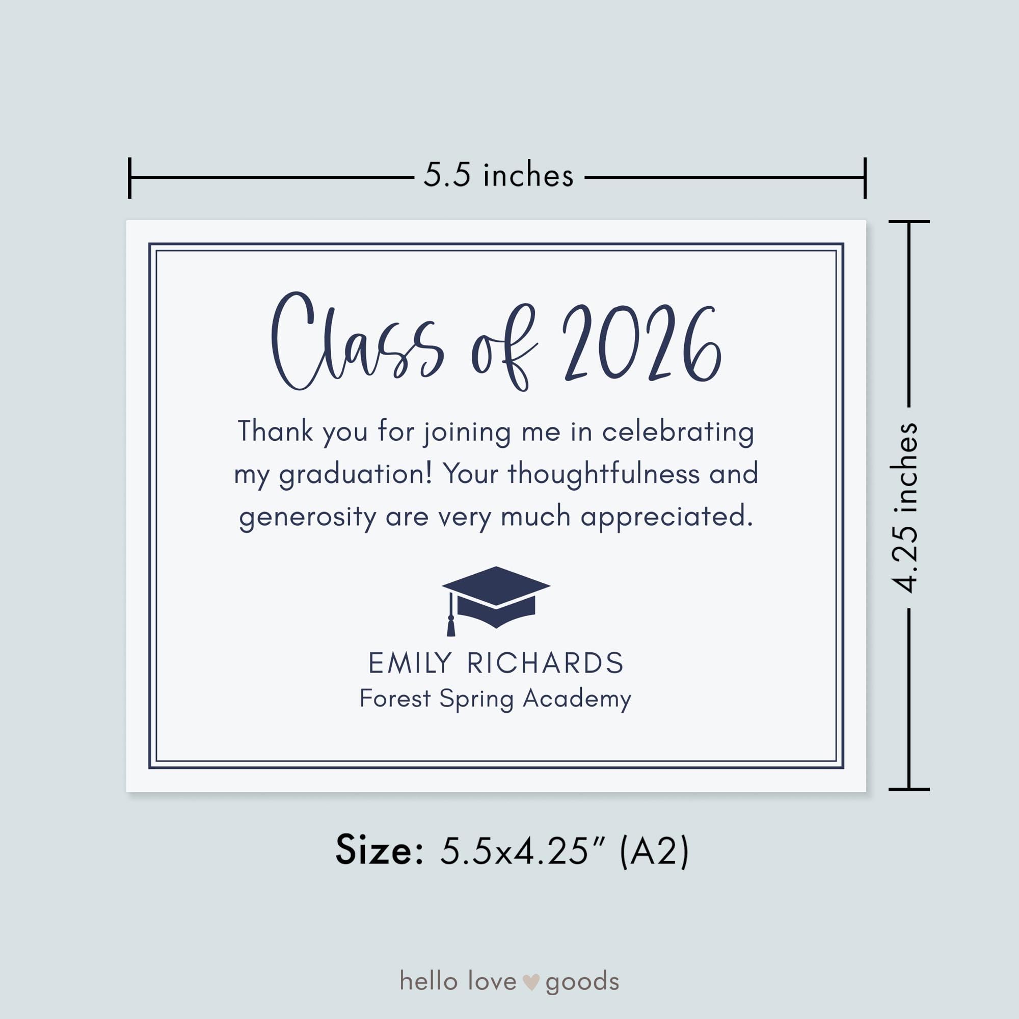 grad thank you card template Hello Love Goods Class of 2026 Graduation Cards, Personalized with Name and School, 5.5x4.25 Flat Thank You Note Cards with Envelopes (Navy and Light Gray) : Office Products Font Styles and Text can all be changed. Graduation Thank You Post Card