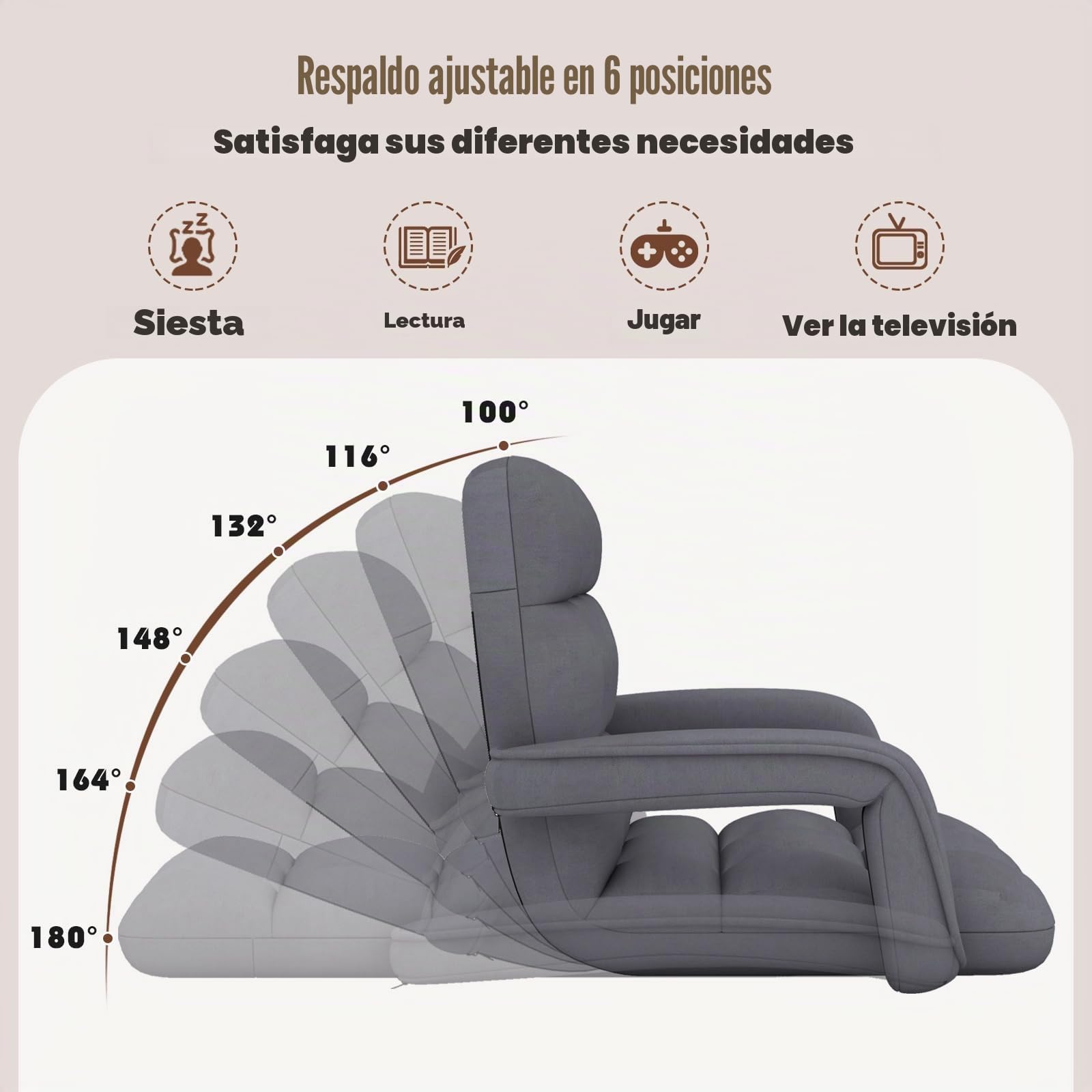RELAX4LIFE Sillón Plegable de Suelo Ajustable en 6 Posiciones, Sofá Suelo de Tela de Gamuza, Sillón Perezoso con Respaldo, Reposabrazos y Marco Metal para Sala de Estar, Dormitorio, Balcón (Gris)