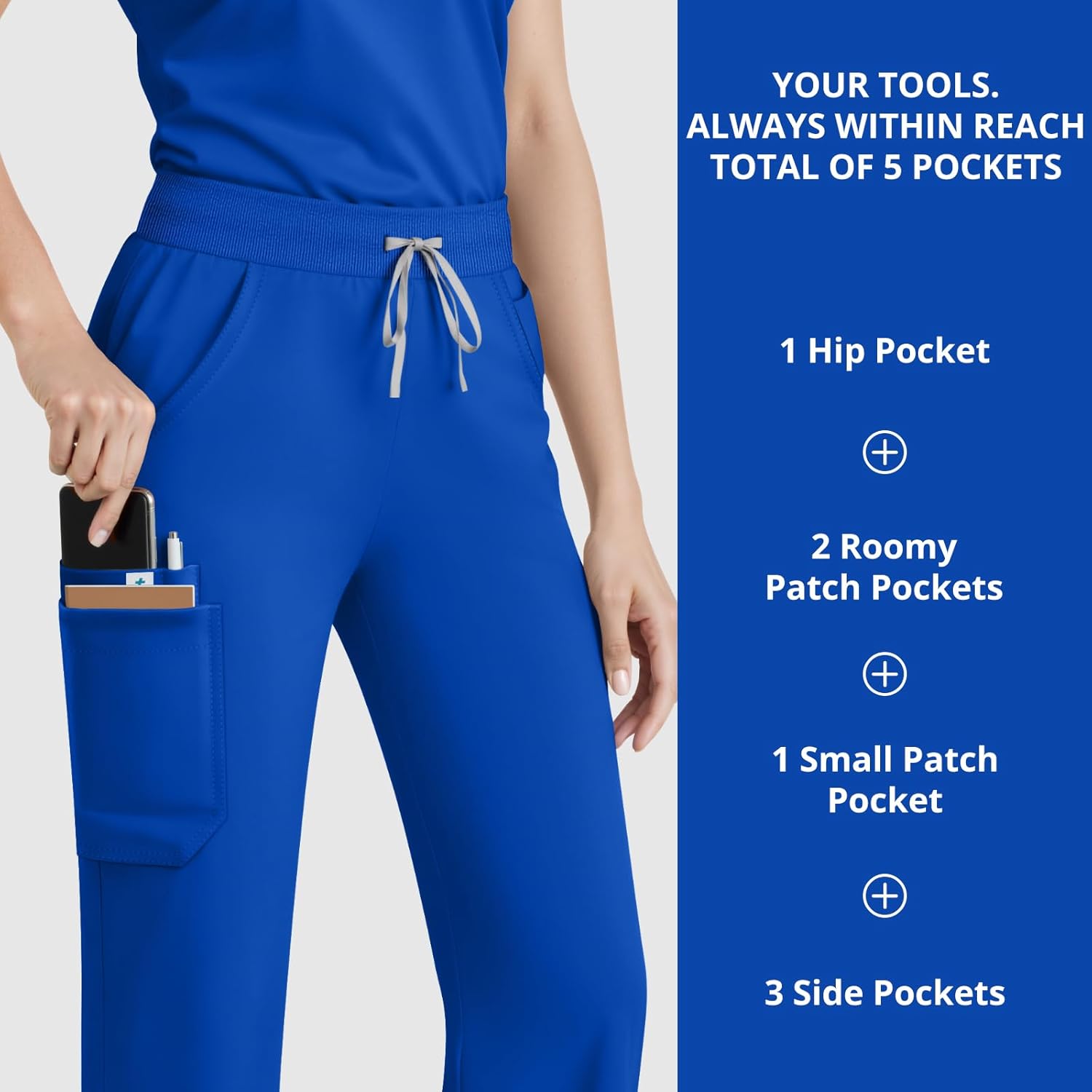 Straight Leg Scrub Pants for Women with 7 Pockets & Drawstring Women's Scrub Pants Mid-Rise Straight Fit Cargo Pants Royal Blue - Image 5