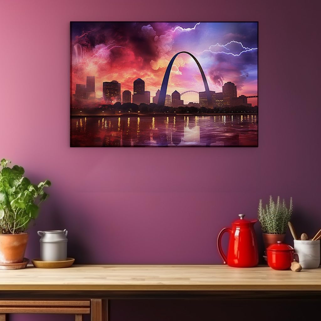 Canvas for Living room. Dramatic Dusk Over St. Louis: A Digital Masterpiece of Storms and Skylines, 27 x 18 inch Canvas Wall Art - Contemporary Masterpieces - Modern Home Decor