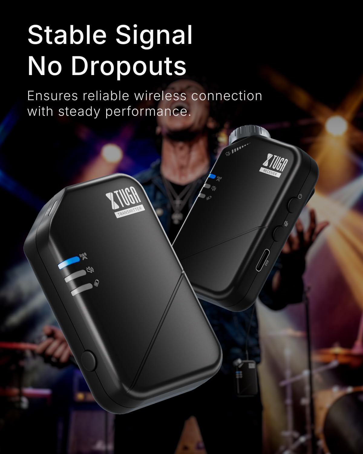 XTUGA Sistema di monitoraggio wireless in-ear, sistema IEM stereo wireless 2.4G con bassa latenza, un trasmettitore a più ricevitore, monitoraggio del palco per cantanti, musicisti, esibizioni dal