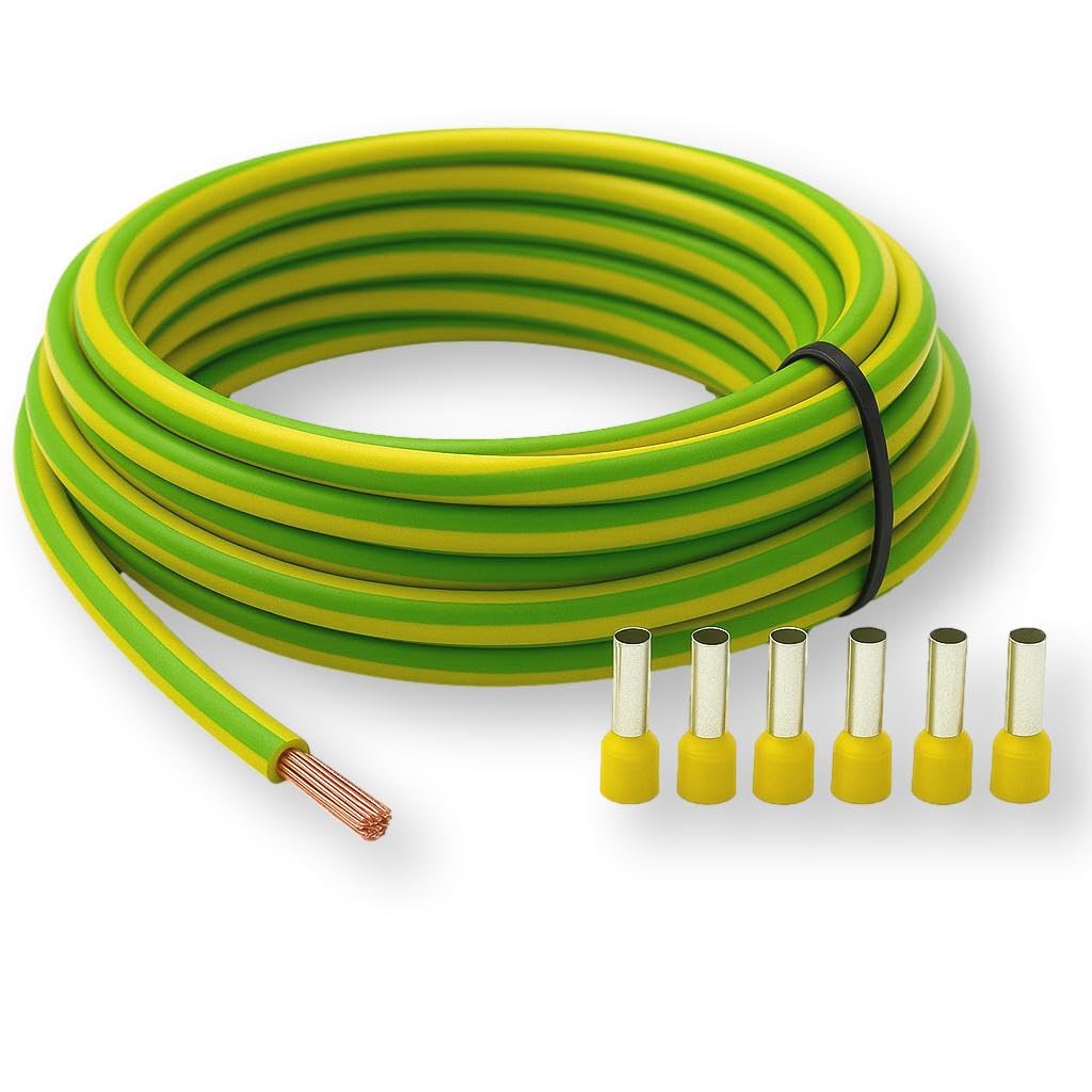 CusoTec Erdungskabel 6mm² Grün/Gelb mit 6 Aderendhülsen H07V-K Aderleitung Erdungsleitung flexibel feindrähtig (5-30m) (5 Meter)