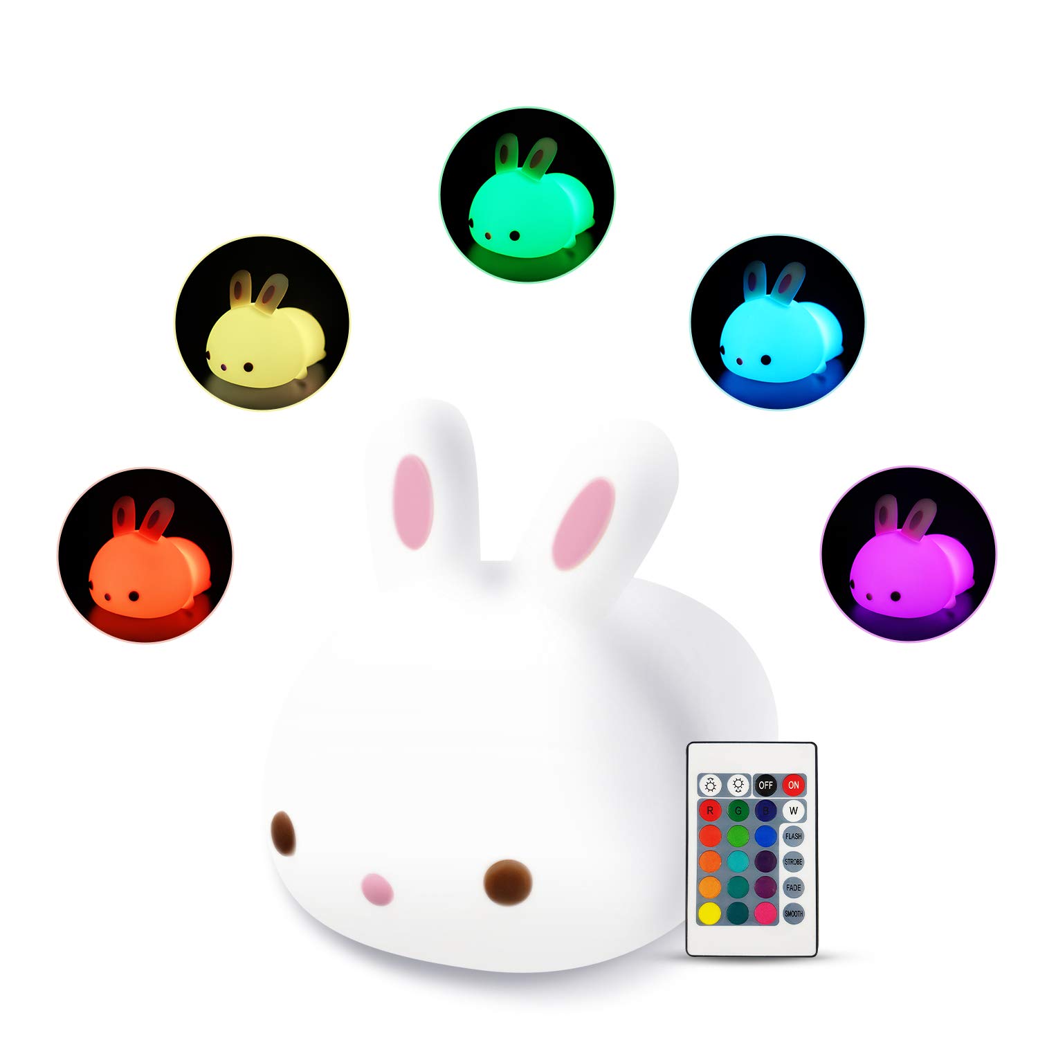 LUXI Cute Squishy Bunny Night Light - Silicon Rabbit Bunnies Pets Nursery Color Changing LED Decor Sleep Lamp Lights with Touch Sensor and Remote Control for Kids, Childrens, Toddler, Baby, and Girls