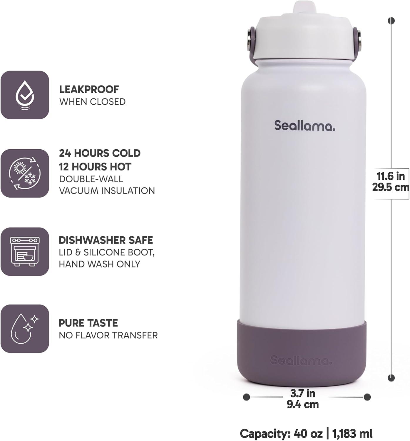 SEALLAMA Stainless Steel Wide Mouth Water Bottle - 2 Lids (Flex Straw Lid) and Double-Wall Vacuum Insulation - Leak Proof, BPA-Free, for Travel, Sports, School, and Car (Dusty Lavender, 40 Ounces)
