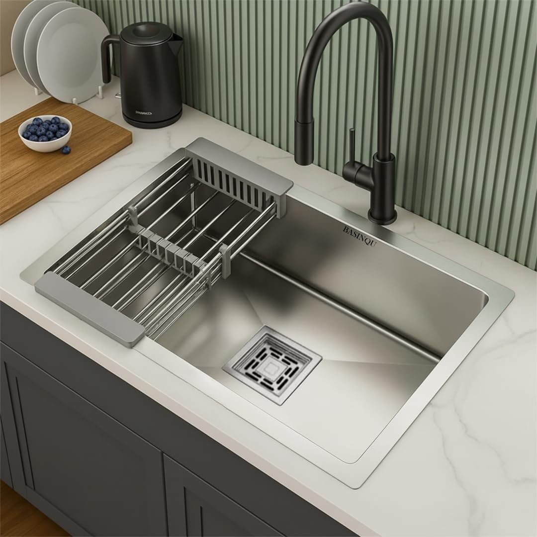 BASINQU Kitchen Sink 24x18x10 Inch Handmade Sink Single Bowl 304 Grade Stainless Steel Sink for Kitchen Basin Brushed Matte Finish Including Coupling Fruit Tray Hose Pipe Kitchen Sinks