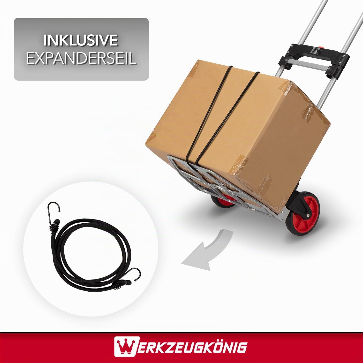 Aluminium Sackkarre klappbar 120 kg - Transportkarre ausziehbar mit Vollgummirädern inkl. Expanderseil, komplett montierte Klappkarre platzsparend, Paketkarre Handkarre Stapelkarre