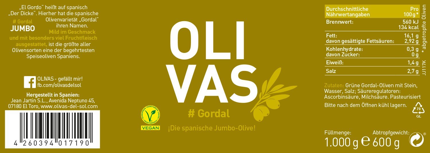 OLIVAS Gordal / 600 g (Glas) * spanische XXL-Riesenoliven * die Dicken im Jumbo-Format
