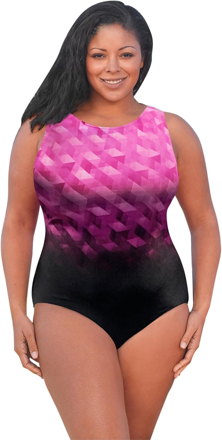 AQUAMORE Women's Plus Size Chlorine Resistant Designer High Neck One Piece Swimsuit