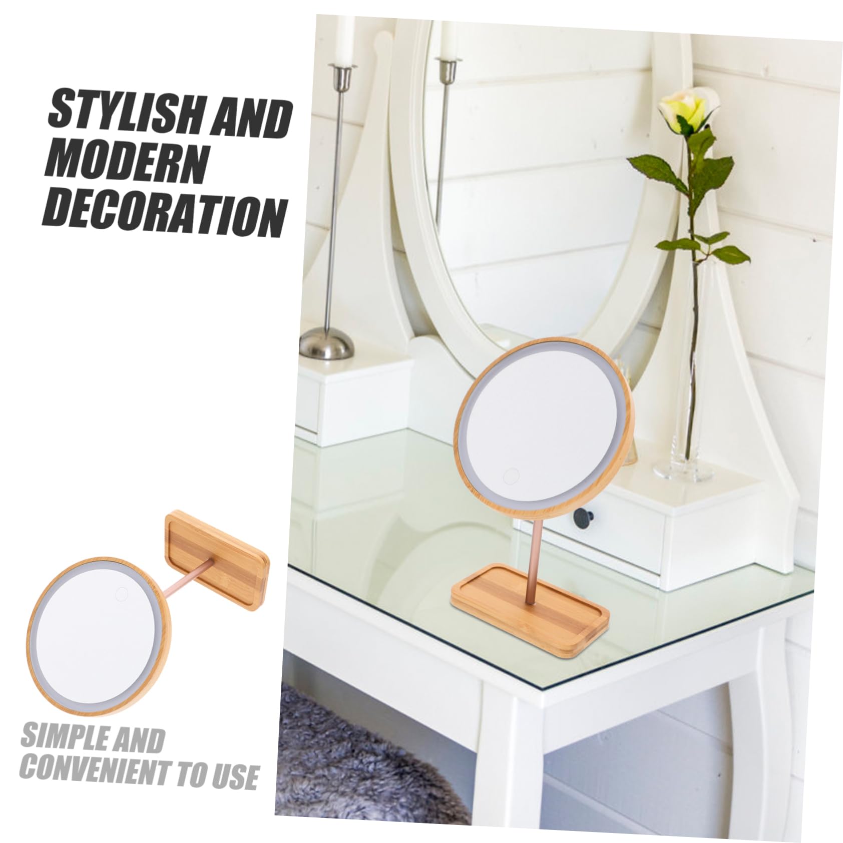 FRCOLOR Specchio da Tavolo LED in Legno con Luce e Batteria 1200ma | Vassoio Integrato, Struttura in Alluminio, per Dressing Tables e Bedroom Dressers