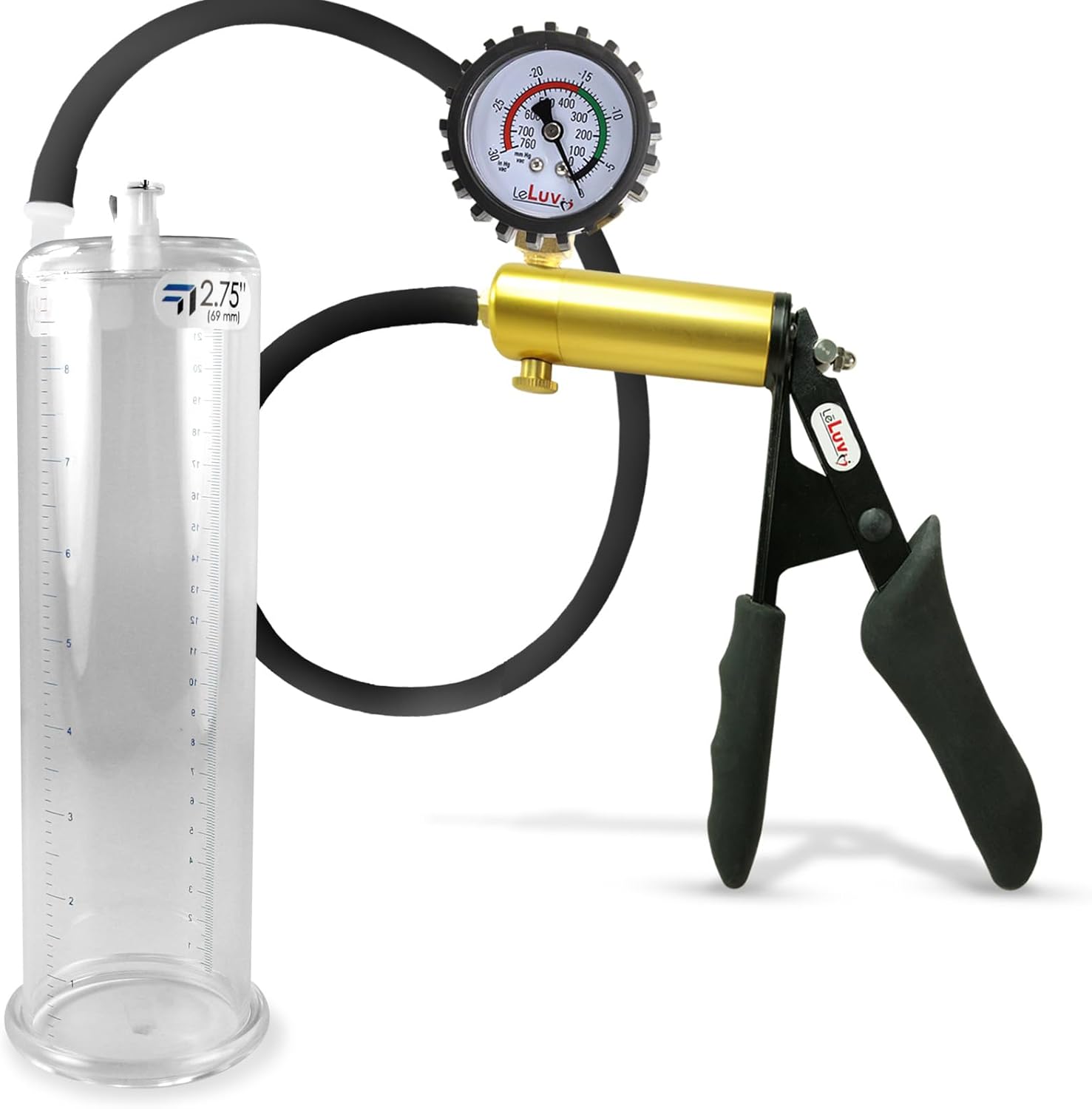 LeLuv Ultima Penis Pump Kit, Brass w/Premium Black Silicone Grips and Hose + Protected Gauge - 9" x 2.75" Round-Flange Cylinder