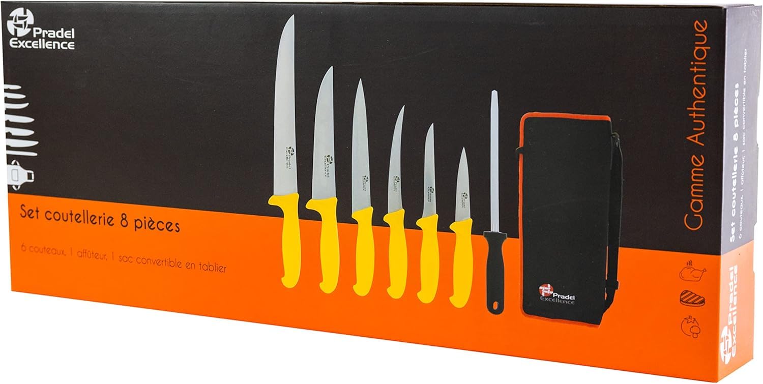 Pradel Excellence - PCOT005008 - Sac Couteaux de Boucher 7 Pièces - 6 Couteaux + 1 Fusil d’Affûtage - Lames Inox- Compatibles Lave-Vaisselle - Sac de Rangement Convertible en Tablier