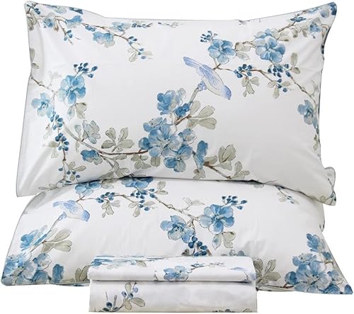 QSH Juego de sábanas de tamaño Queen con estampado de flores, elegante ropa de cama con estampado de ramas de pájaros, 100% algodón egipcio,