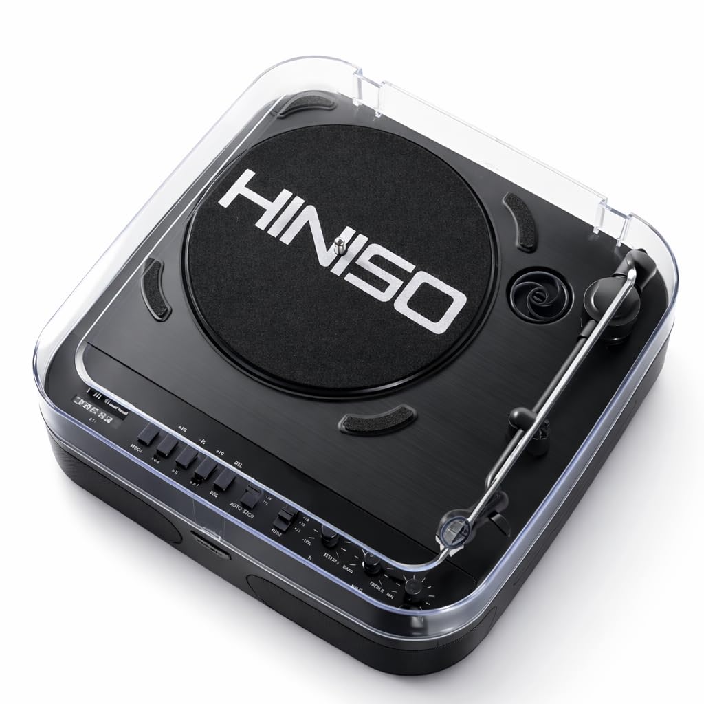 HINISO T501 Bluetooth Vinyl Record Player with Moving Magnet Cartridge & Diamond Stylus, Dual Bluetooth (in & Out), 3-Speed Turntable (33/45/78 RPM), Vinyl to MP3 Recorder, USB/SD, FM, RCA & AUX-image-15