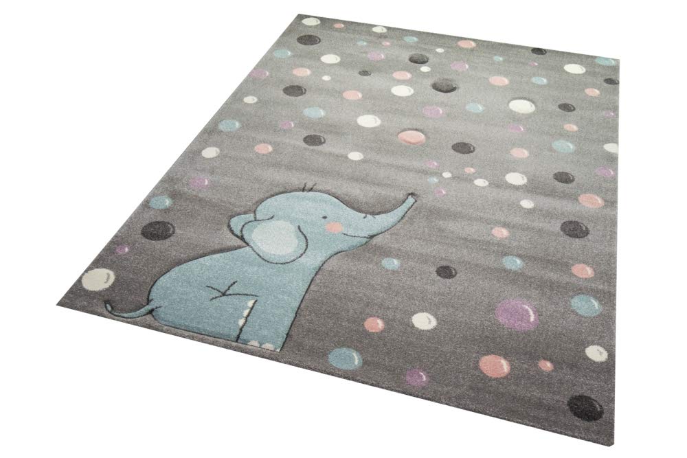 Teppich-Traum Alfombra Infantil Elefante Alfombra con Lunares en Gris Azul Größe 120x170 cm