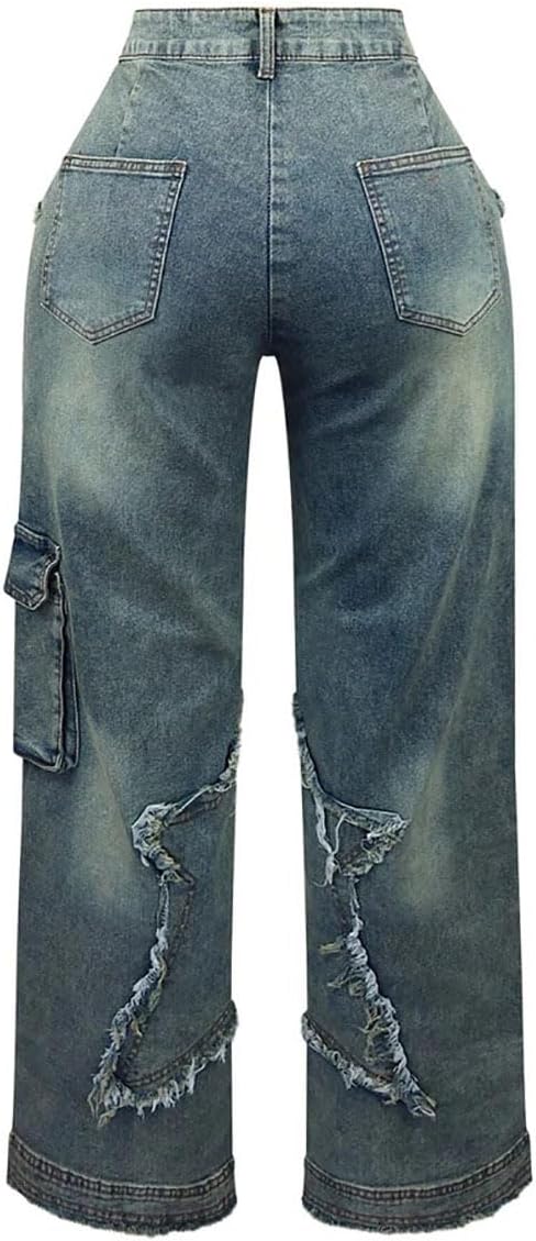 Women's Y2K Baggy Cargo Jeans High Waisted Ripped Star Tassel Fringe Denim Pants Flap Pocket Stretch Streetwear - Image 6